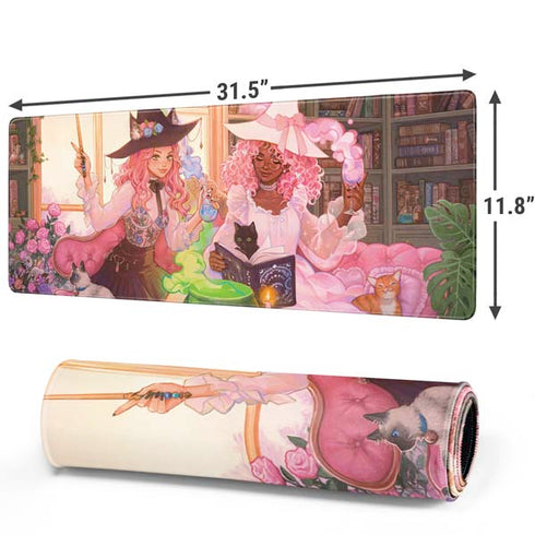 Pink Anime Witch Girls in Library with Cats by Ivy Dolamore Gaming Mouse Pad